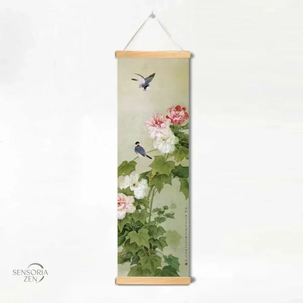 Estampe classique représentant des fleurs et oiseaux