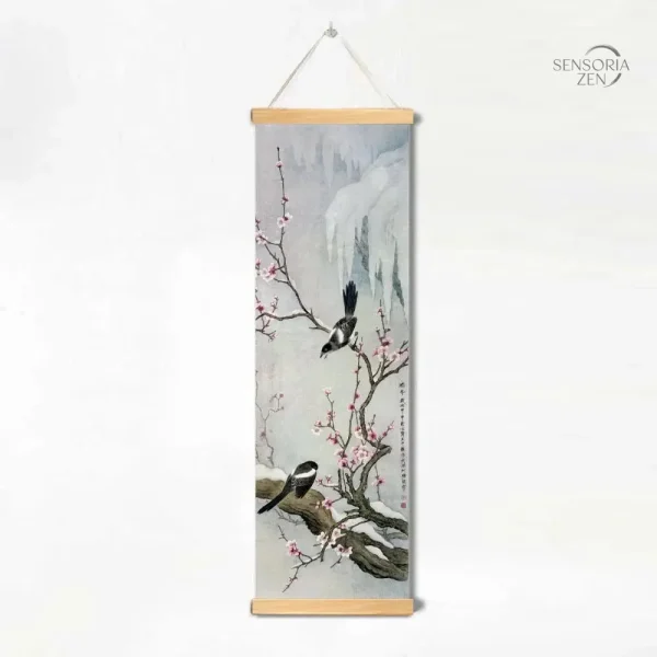 Art mural japonais, illustration de fleurs et oiseaux