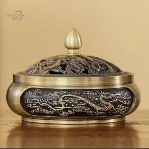 Brûleur d'encens cuivre ciselé dragon pour poudre et bâtons