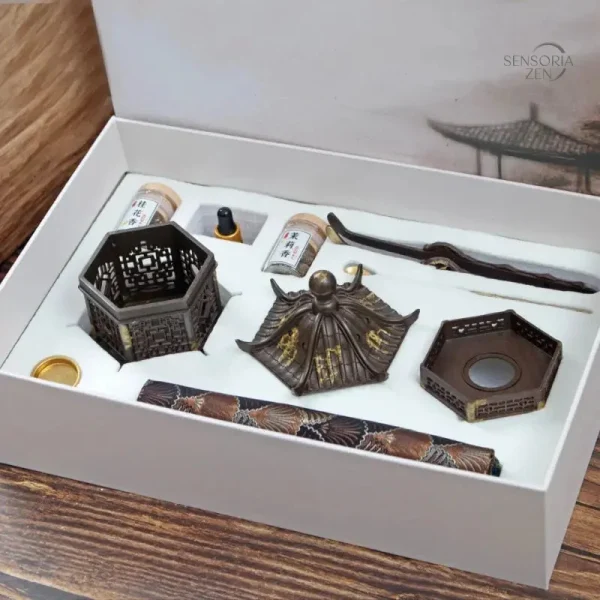 coffret-bruleur-d-encens-hexagonal-asiatique-alliage-ancien-1 Coffret Brûleur d’Encens Hexagonal Alliage Ancien
