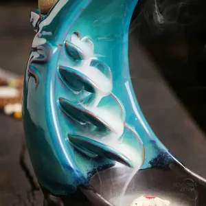 Décoration zen : fontaine à encens artisanale céramique bleue