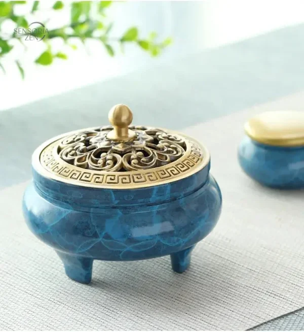Outils d'encens au design bleu et cuivre raffiné