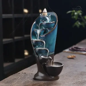 Porte-Encens Cascade Céramique Bleu Gris en forme de fontaine