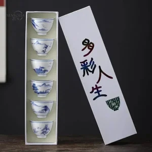Set de 6 tasses Kung Fu en porcelaine bleu et blanc