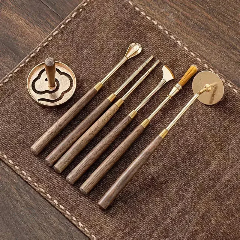 Set d'outils d'encens en alliage bronze, pinceau, sceau & spatule