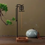 Support encens en bois et métal, calligraphie chinoise