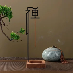 Support encens en bois et métal, calligraphie chinoise