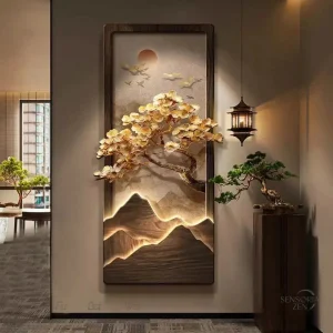 Décoration murale japonaise avec arbre paisible illuminé